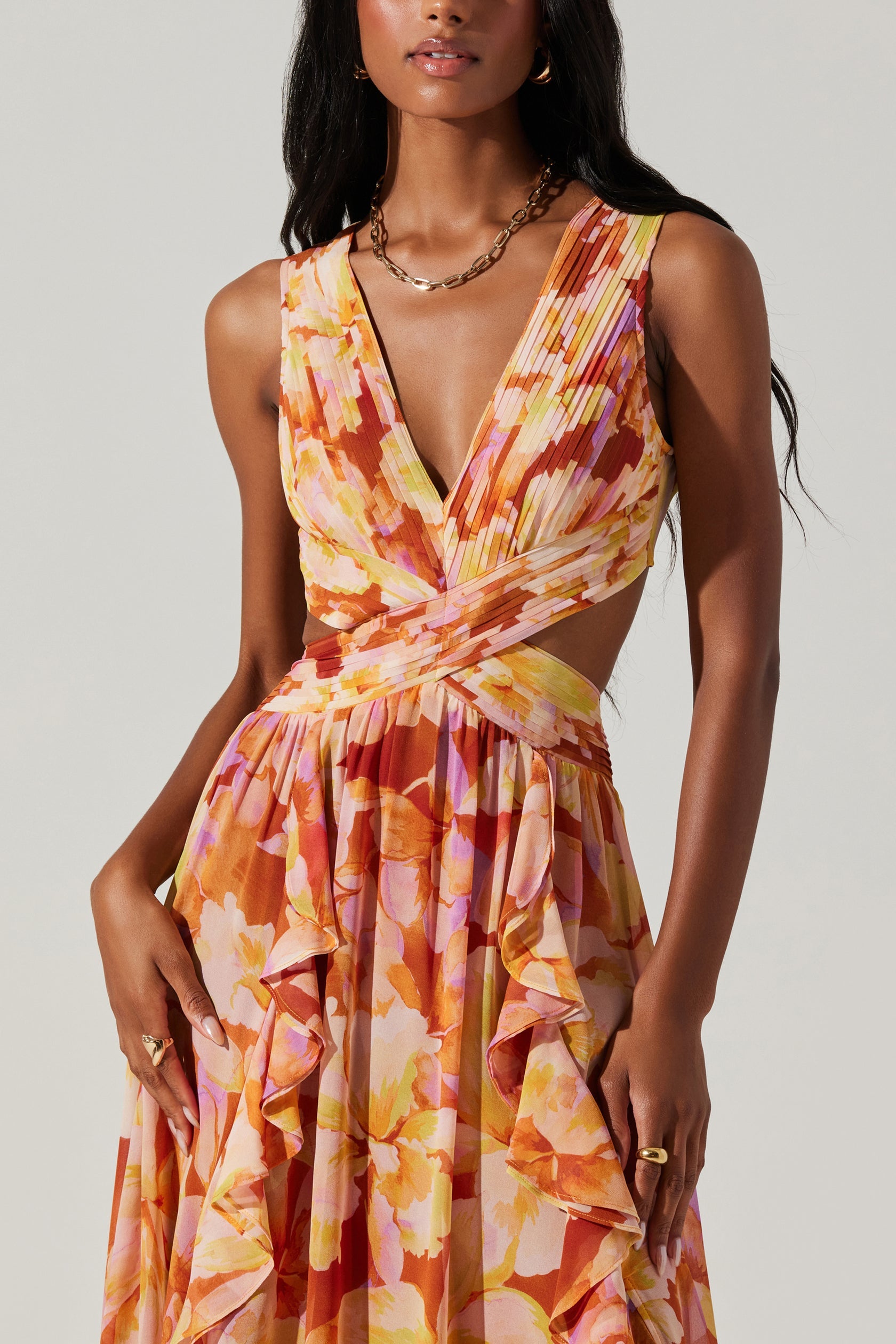 astr noya floral maxi dress ASTR The Label Noya Dress in Rust Yellow – CHROME