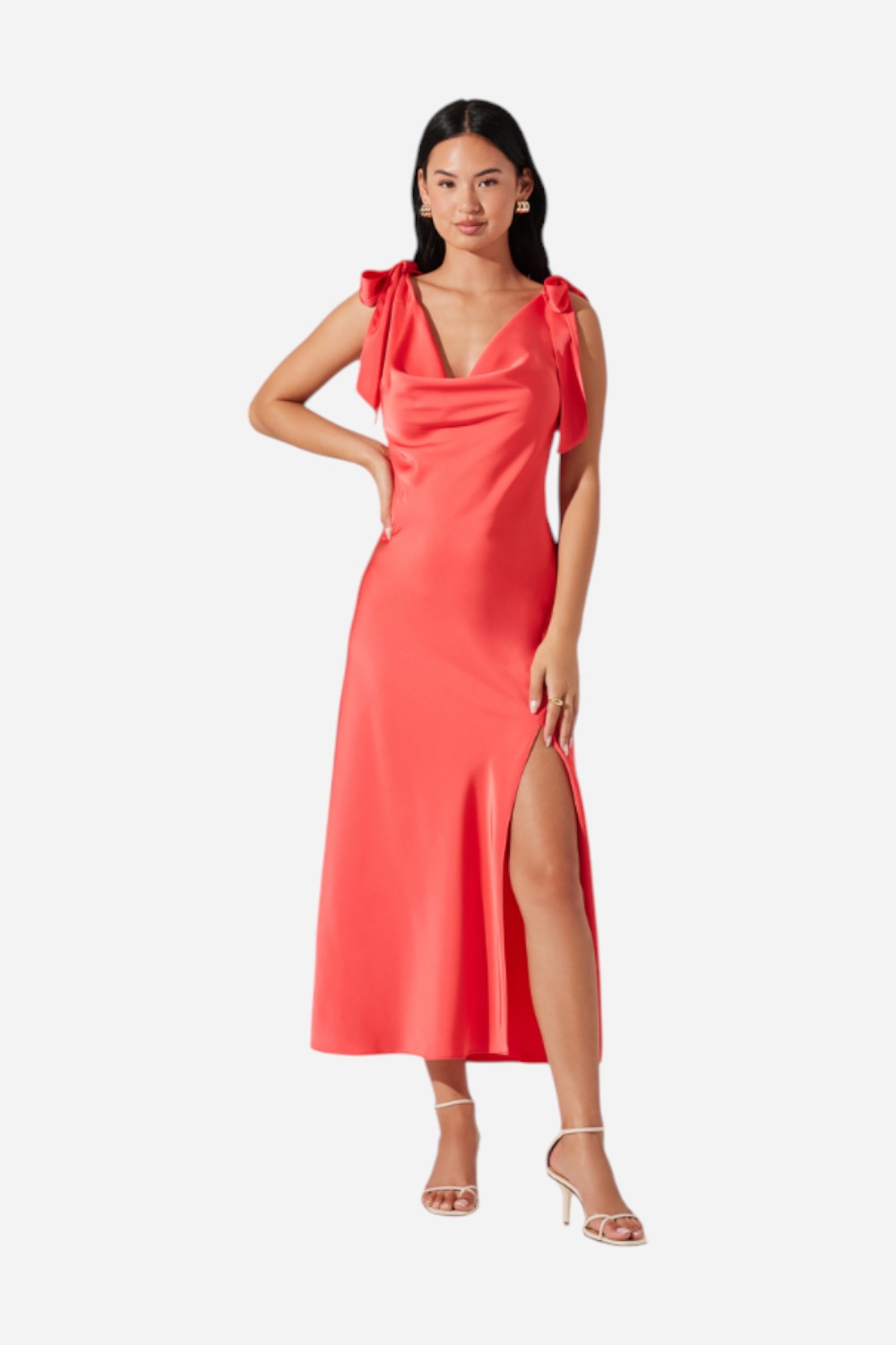 ASTR Allexina Satin Cowl Neck Midi Dress in Coral – CHROME