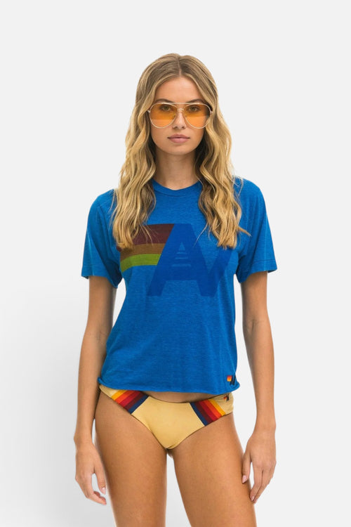 Aviator Nation logo boyfriend tee in ocean blue, relaxed fit, on model.