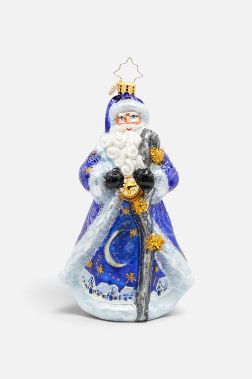 Christopher Radko Starlight Keepsake Santa glass ornament, Santa in midnight blue and white with a star-topped staff, front view.