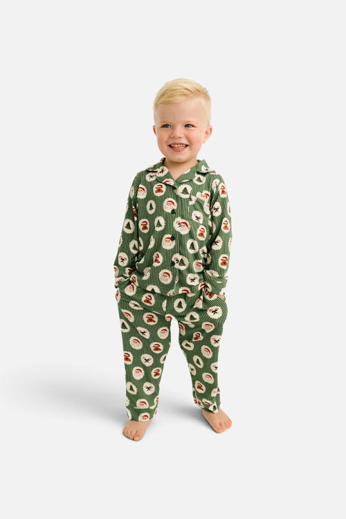 Little One Shop Holiday Heirloom green bamboo button up set for kids, top with matching bottoms.