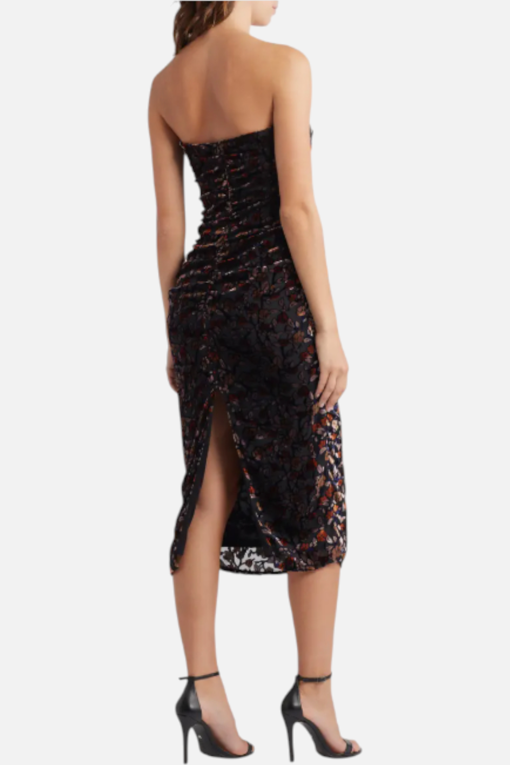 knee length dresses for ladies Lulus Pixie Metallic Floral Strapless Mesh Midi Dress – CHROME