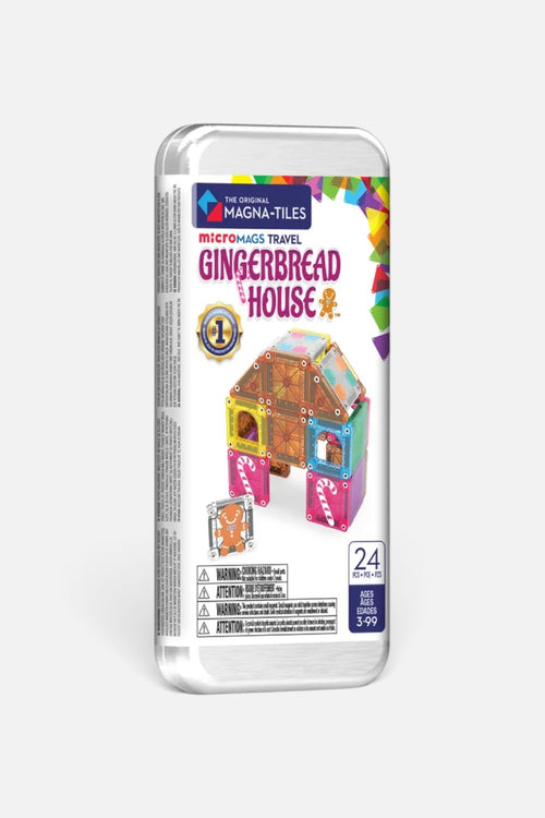Magna-Tiles microMAGS Gingerbread House 24 piece travel set built into a candy-colored cottage.