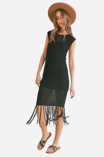 Sage The Label Mila Knitted Crochet Round Neck Sleeveless Fringe Hem Midi Dress, Womens, S, Black Sage The Label Mila Knitted Crochet Round Neck Sleeveless Fringe Hem Midi Dress, Womens, S, Black