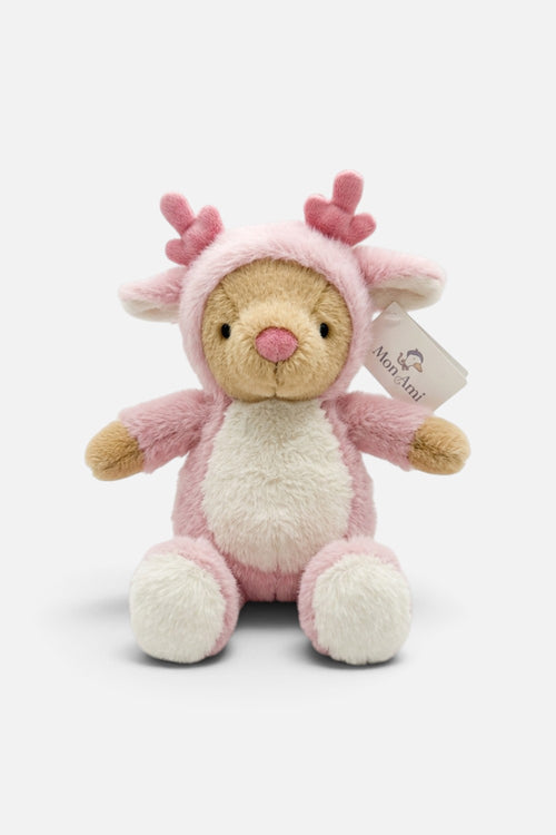 Mon Ami Reindeer Bear plush toy, tan teddy bear in a pink hooded reindeer suit with antlers and cream belly, seated.