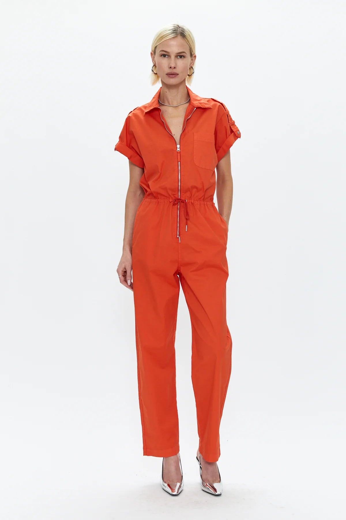 Pistola Jordan Short Sleeve Zip Front Jumpsuit in Poppy – CHROME Pistola Jordan Short Sleeve Zip Front Jumpsuit in Poppy – CHROME
