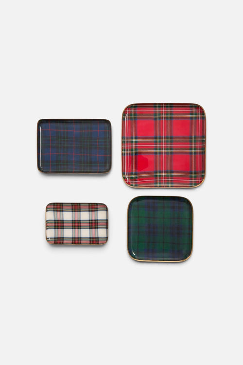 Two's Company tartan metal tray in Royal Stewart plaid with glossy enamel finish.