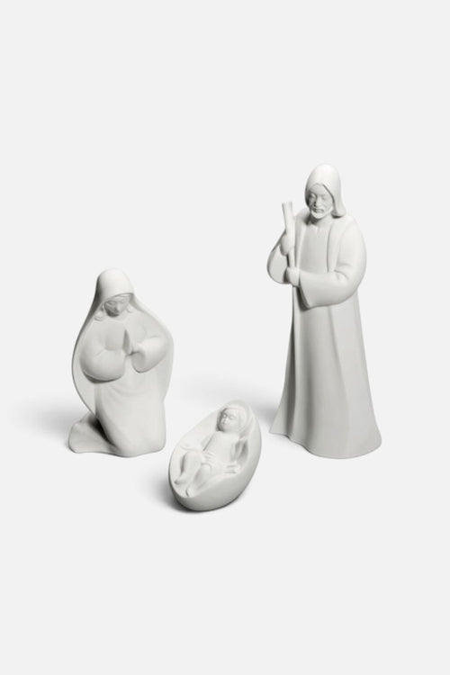 Vista Alegre three-piece Holy Family nativity sculpture in matte biscuit porcelain.