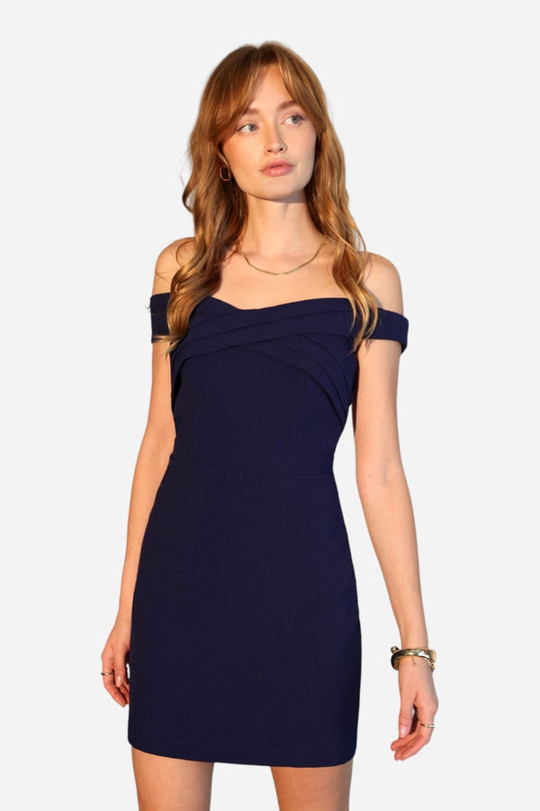 Adelyn Rae Isla Off Shoulder Crepe Mini Dress in Navy