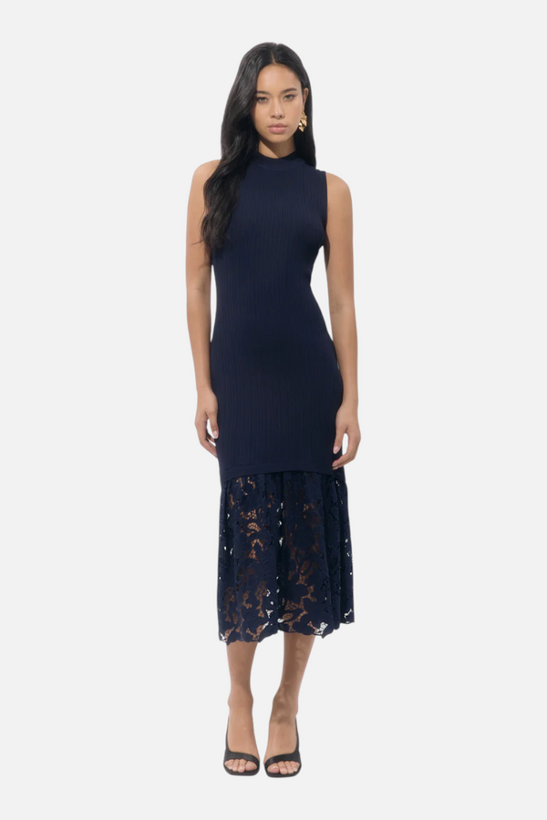 Adelyn Rae Women's Brielle Mock Neck Rib Knit Lace Midi Dress in Navy