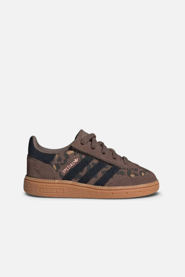 Adidas Kids Handball Spezial Comfort Closure Elastic Lace Shoes in Earth Strata, Core Black, and Glow Pink