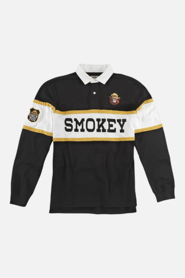 American Needle Men's Smokey Bear Fieldhouse Rugby Polo Long Sleeve Shirt in Black