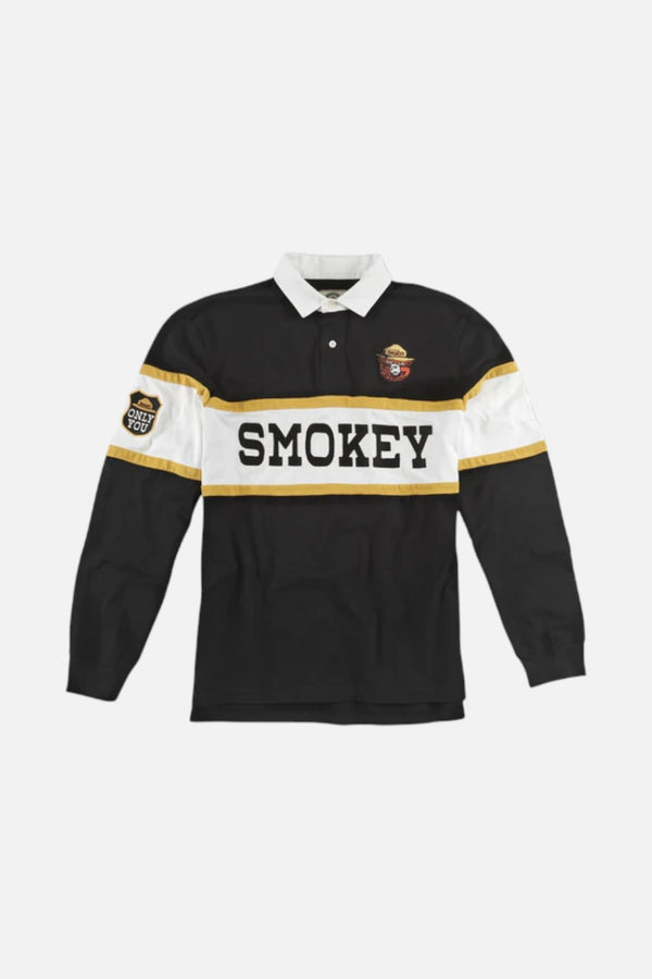 American Needle Men's Smokey Bear Fieldhouse Rugby Polo Long Sleeve Shirt in Black