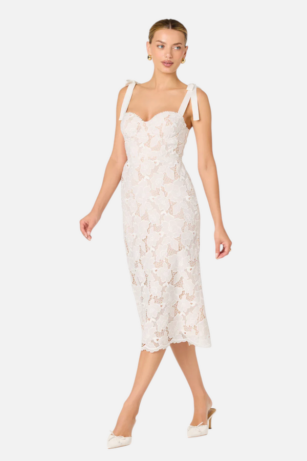 ASTR Donne Floral Lace Corset Midi Dress in White