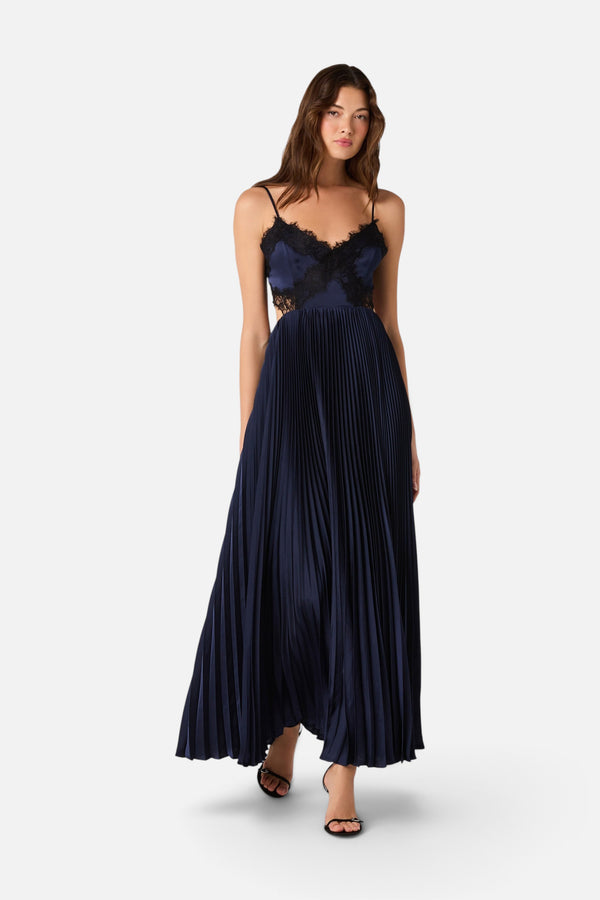 ASTR the Label Andy Lace Trim Pleated Maxi Dress in Navy