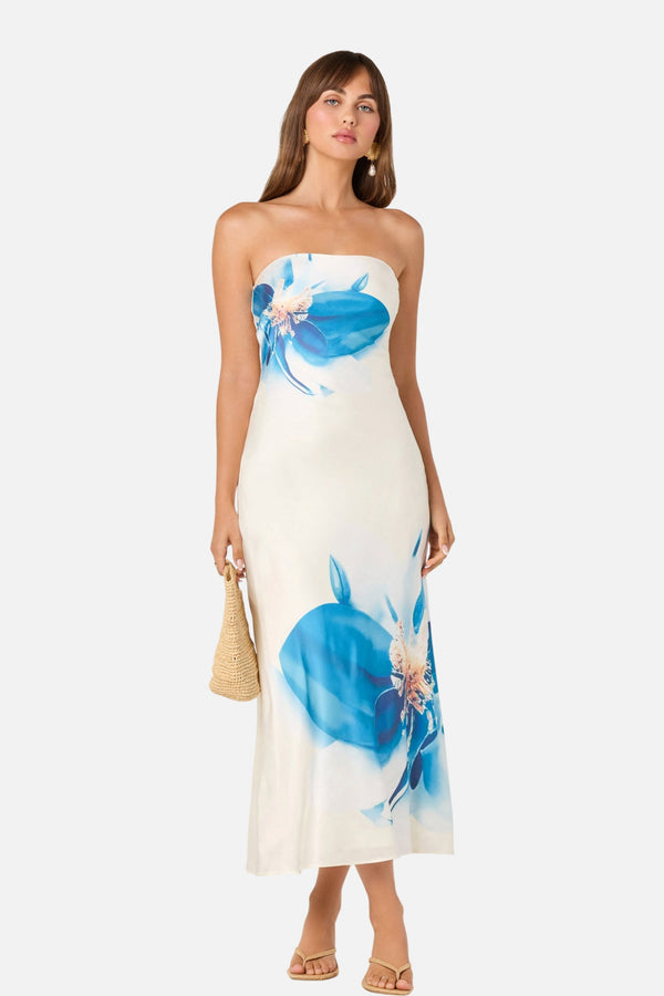 ASTR The Label Annabeth Maxi Strapless Dress in Blue Floral