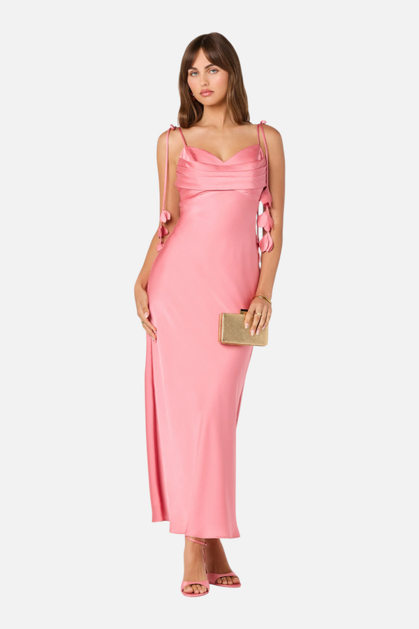ASTR The Label Hera Satin Maxi Dress in Coral