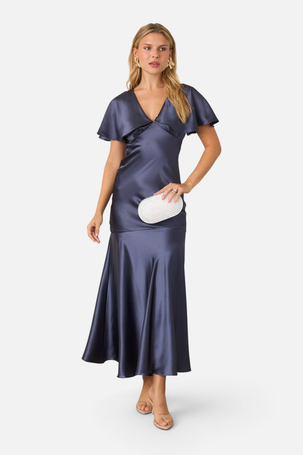 ASTR the Label Jamie Satin Flutter Sleeve Maxi Dress in Steel Blue