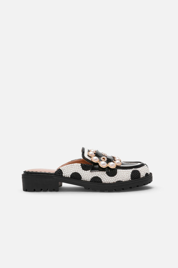 Betsey Johnson Barton Loafer Mule in White/Black Polka Dot
