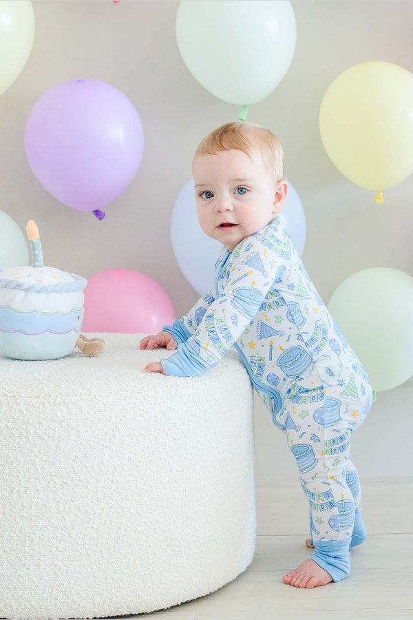 Caden Lane Kids' Bamboo Convertible Zipper Romper in Birthday Bash Blue