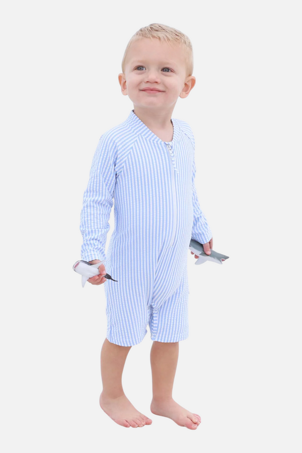 Caden Lane Long Sleeve Swim Romper in Blue Seersucker