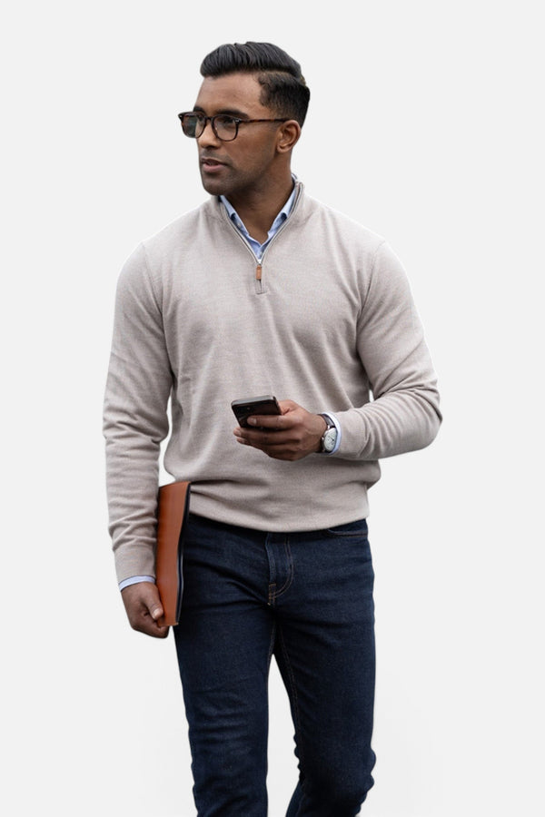 Collars & Co Cashmere Touch Australian Merino Quarter Zip in Oatmeal