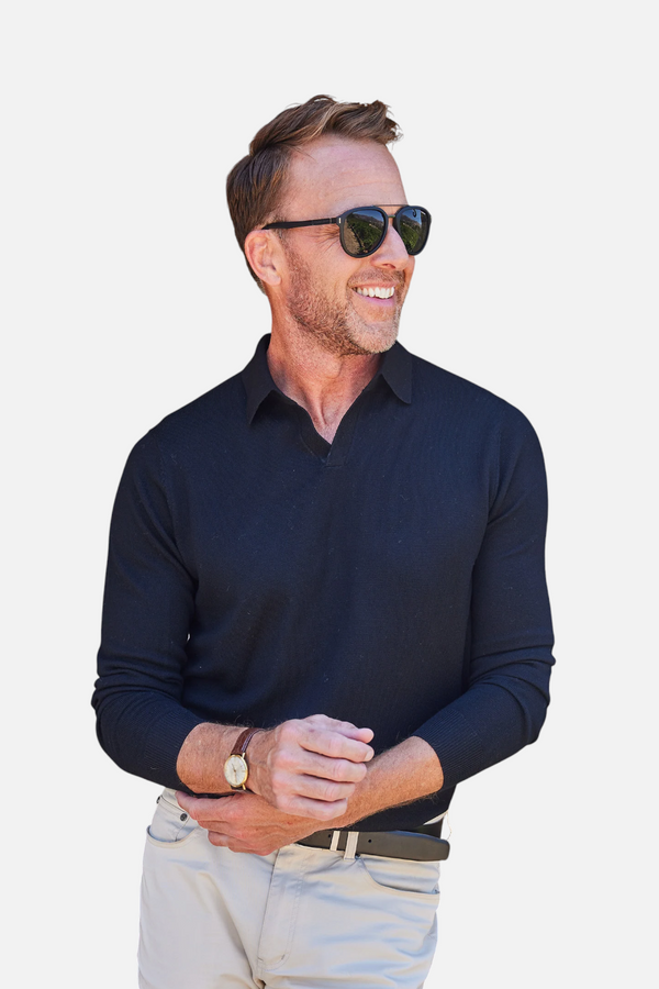 Collars & CO Men's Bellagio Buttonless Long Sleeve Merino Polo in Black