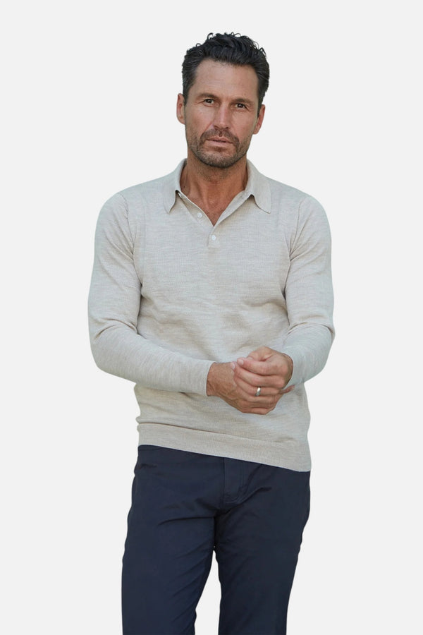 Collars & CO Men's Bellagio Three Button Long Sleeve Merino Polo in Oatmeal Melange