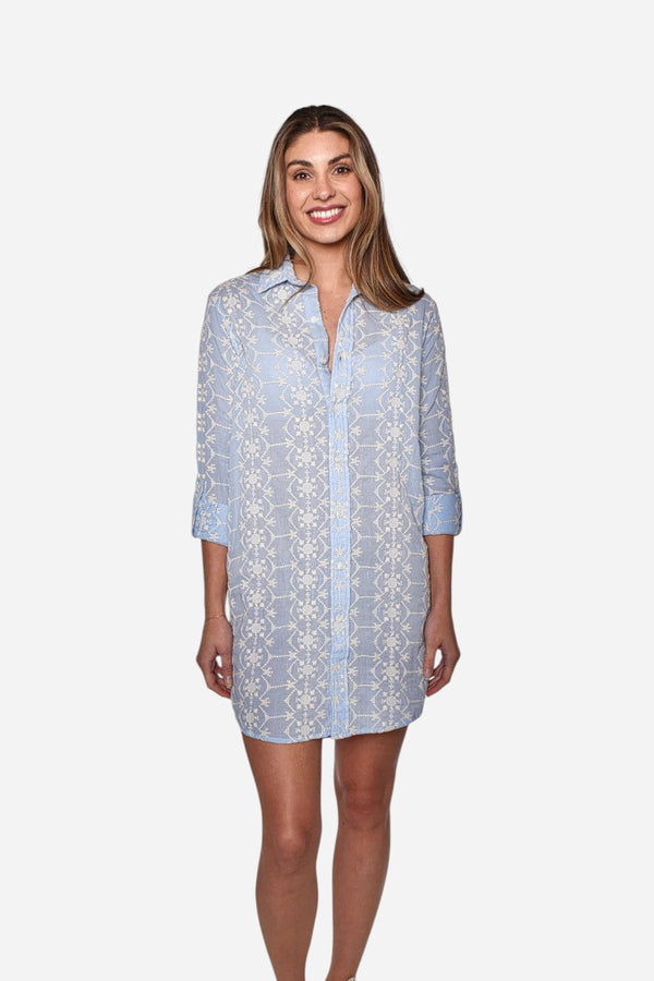 Emily Phillips Blue Cream Embroidery Cotton Girlfriend Dress
