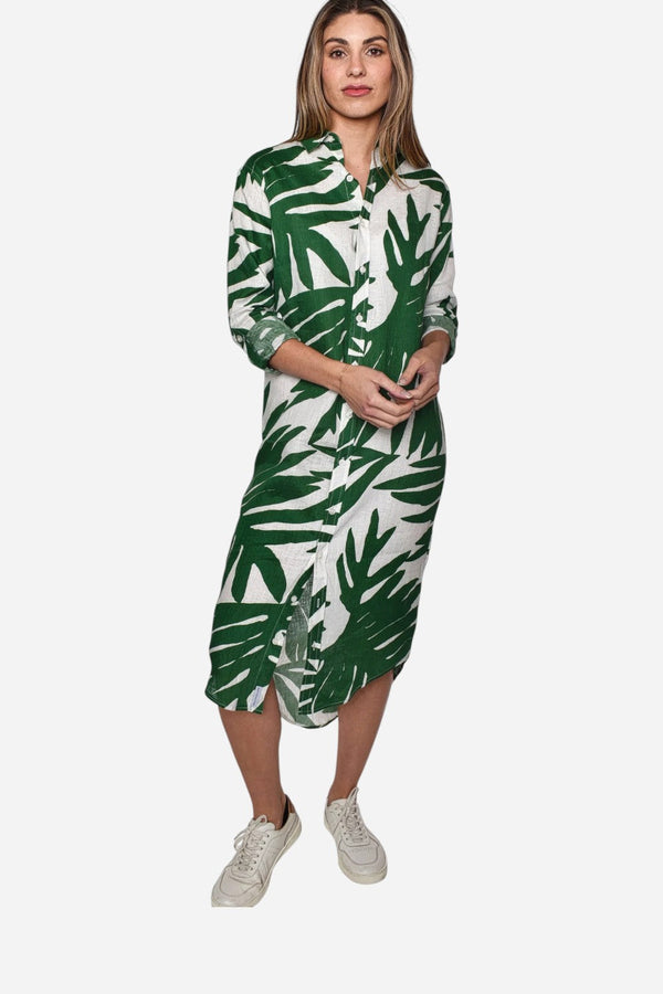 Emily Phillips Green Leaf Print Linen Girlfriend Midi Dress