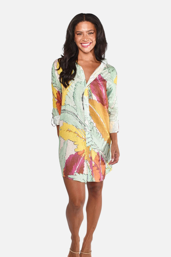 Emily Phillips Linen Leaf Girlfriend Dress in Yellow and Green