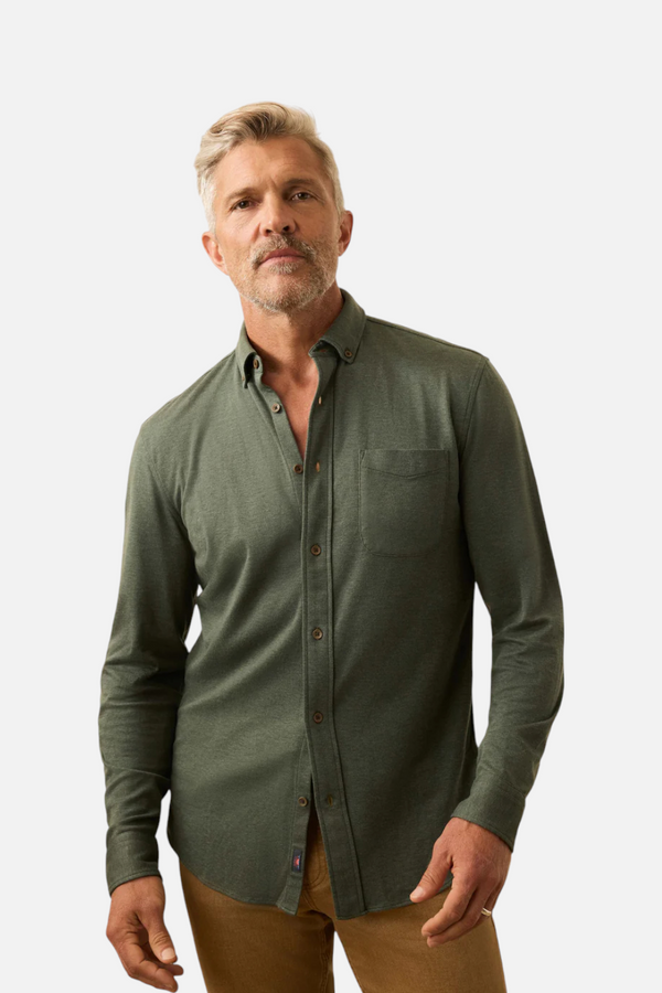 Faherty Men's Coastline Knit Shirt in Forest Heather Twill