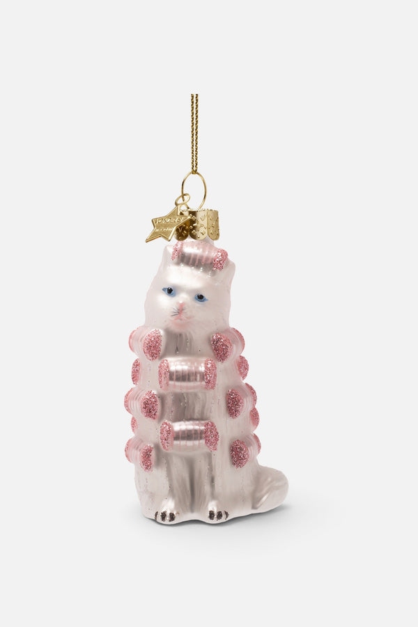 Glass Beauty Cat with Curlers Ornament