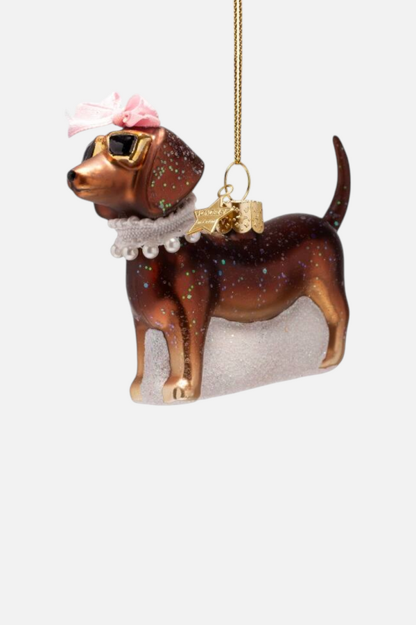 Glass Brown Dog with Pearls Ornament
