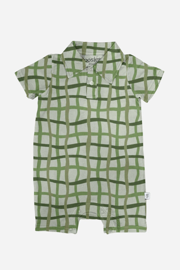 Goosies Short Sleeve Polo Romper in Green Wavy Plaid