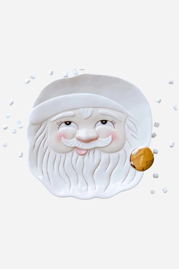 Holiday Papa Noel Santa Cookie Plate In White With Open Eyes