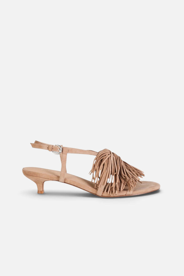 Intentionally Blank Chaperone Fringe Kitten Heel in Taupe