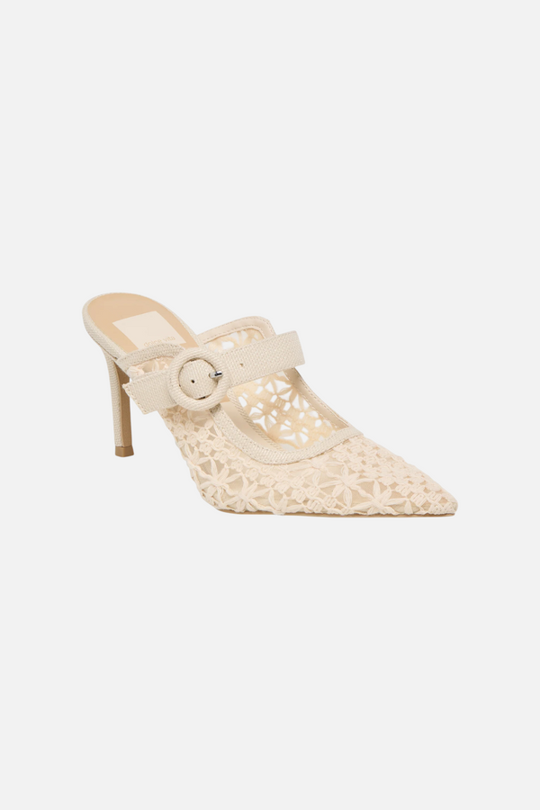 Keekee Mule Stiletto in Natural Cross Hatch Raffia