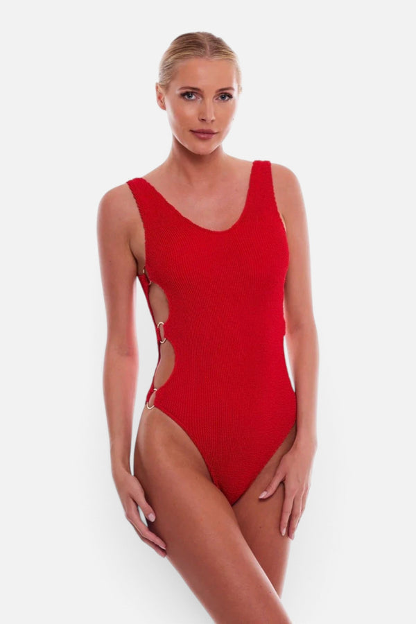 Love & Bikinis Dubai Multi-Ring Cutout One Piece Swimsuit in Red