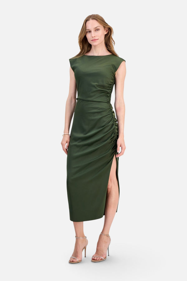Lulus Felicity Ruched Satin Side Slit Midi Dress in Military