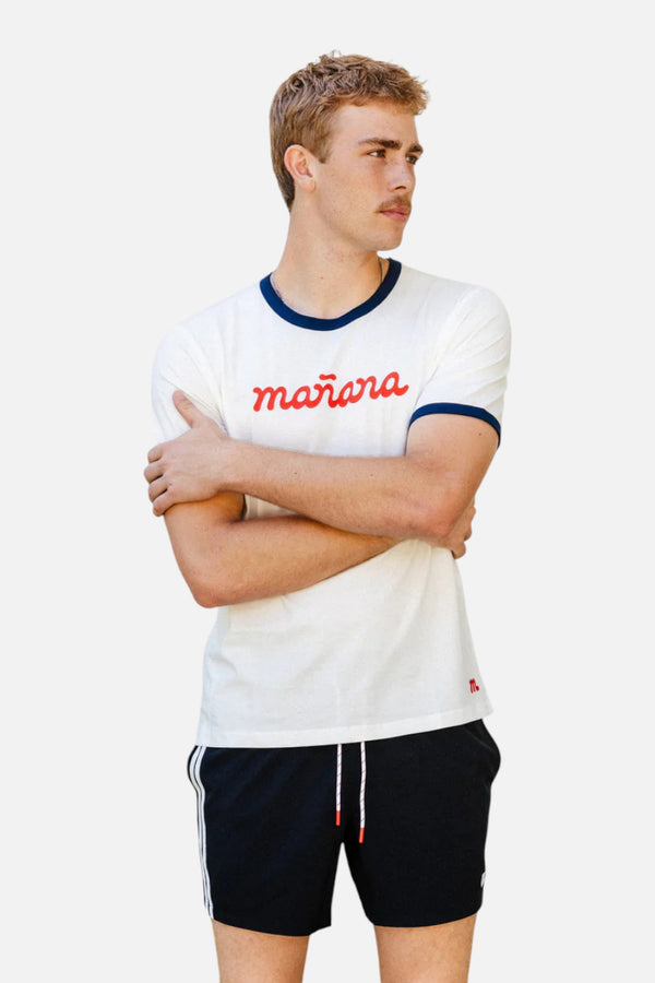 Manana Men's Classic Logo Ringer Tee in Off White/Navy