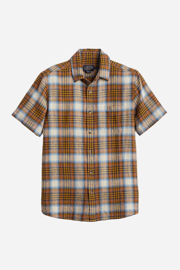 Pendleton Dawson Short Sleeve Linen Shirt in Adobe Tan Blue Plaid