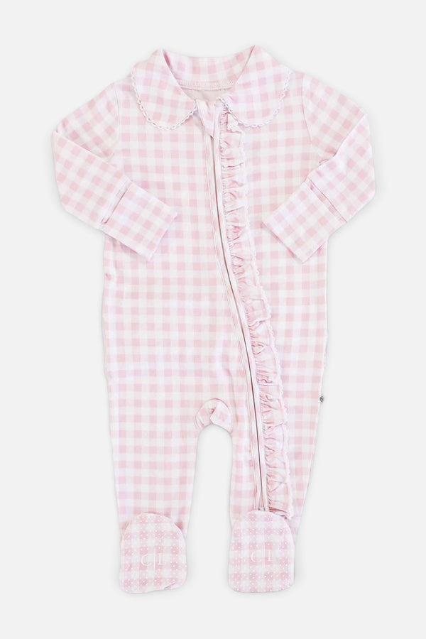 Caden Lane Peter Pan Collar Ruffle Zipper Footie in Rosy Gingham