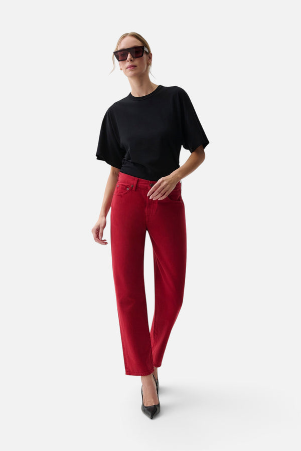 Pistola Lexi Mid Rise Bowed Straight Jean in Savvy Red