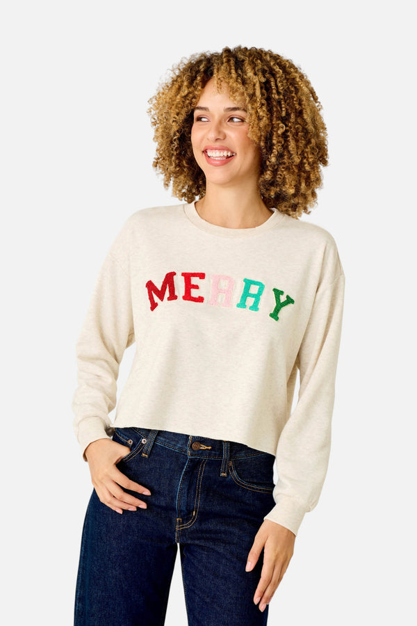 PJ Salvage Women's Very Merry Bouclé Merry Sweatshirt in Light Oatmeal