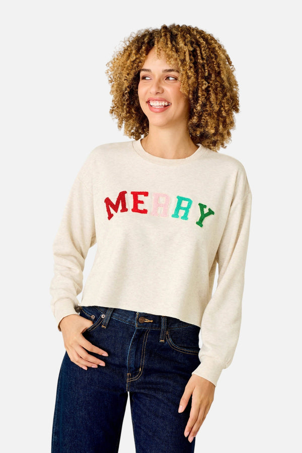 PJ Salvage Women's Very Merry Bouclé Merry Sweatshirt in Light Oatmeal