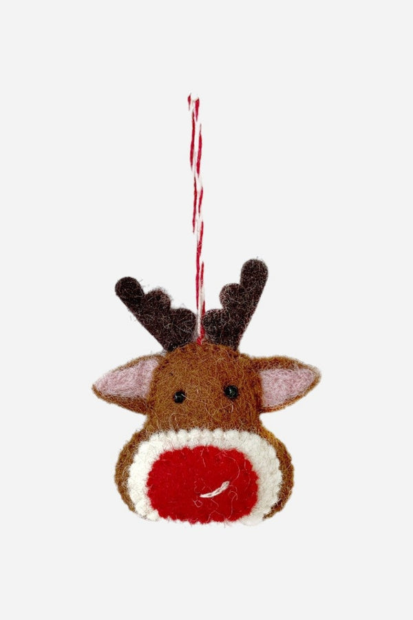Red Nose Reindeer Head Felt Wool Ornament
