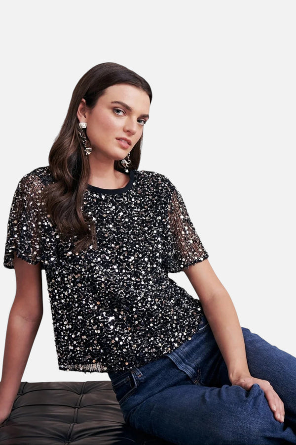 Saylor Natassia Sequin Top in Black