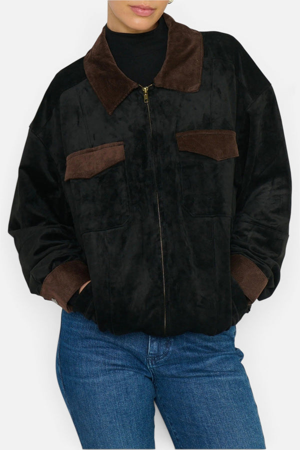Show Me Your Mumu Maverick Bomber Jacket in Black Faux Suede