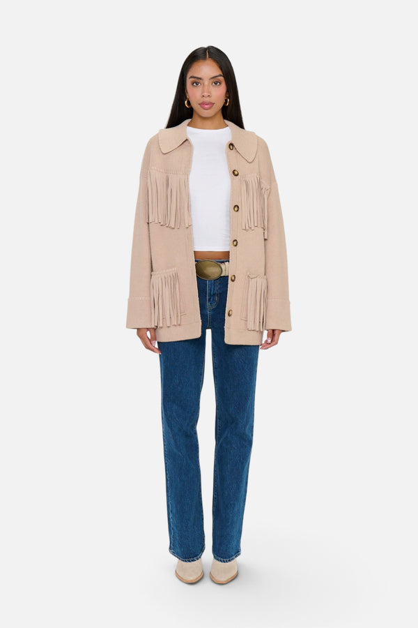 Show Me Your Mumu Women's Santa Barbara Jacket in Tan Knit Fringe